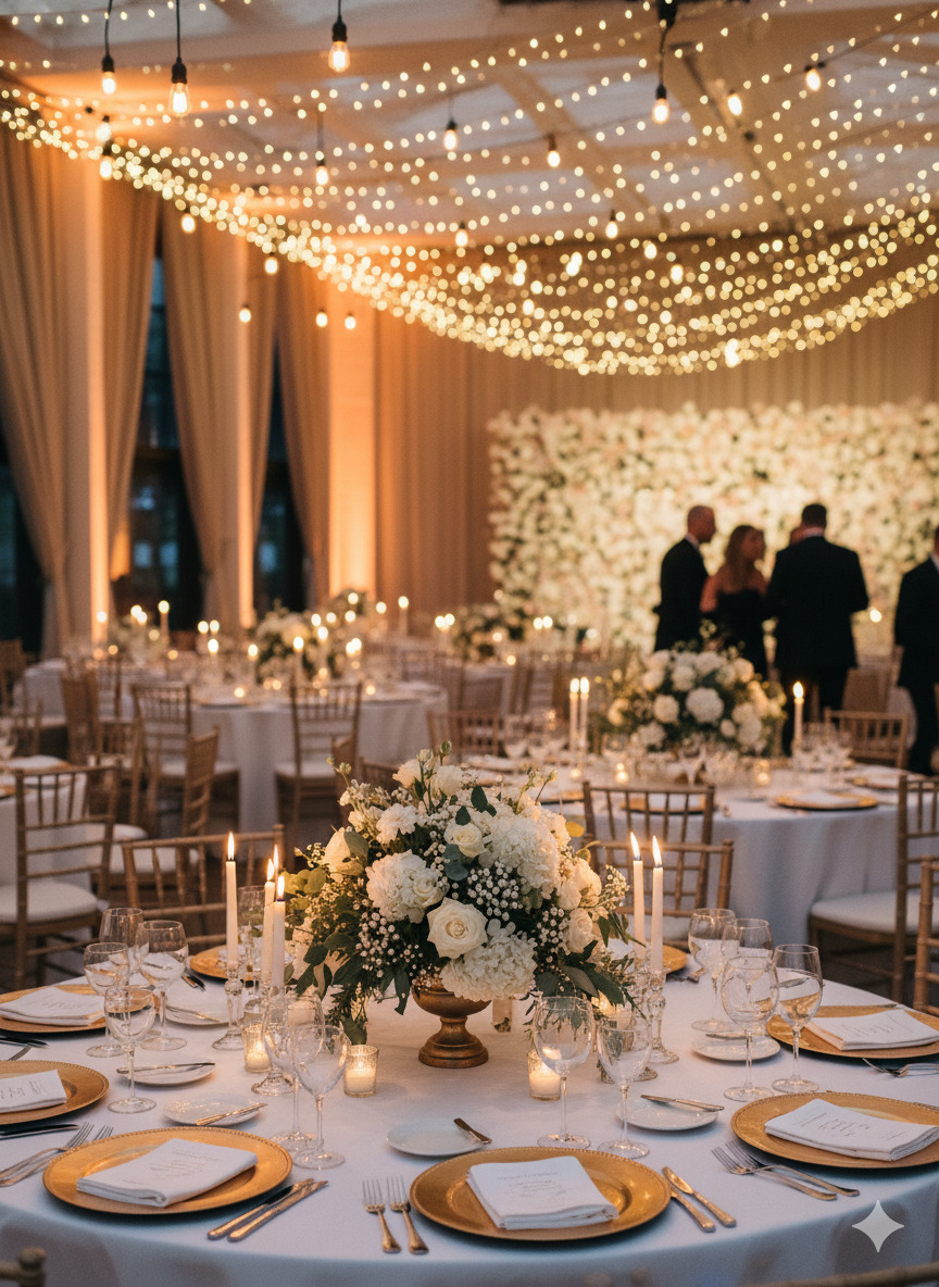 Complete event decoration with table setups and centerpieces