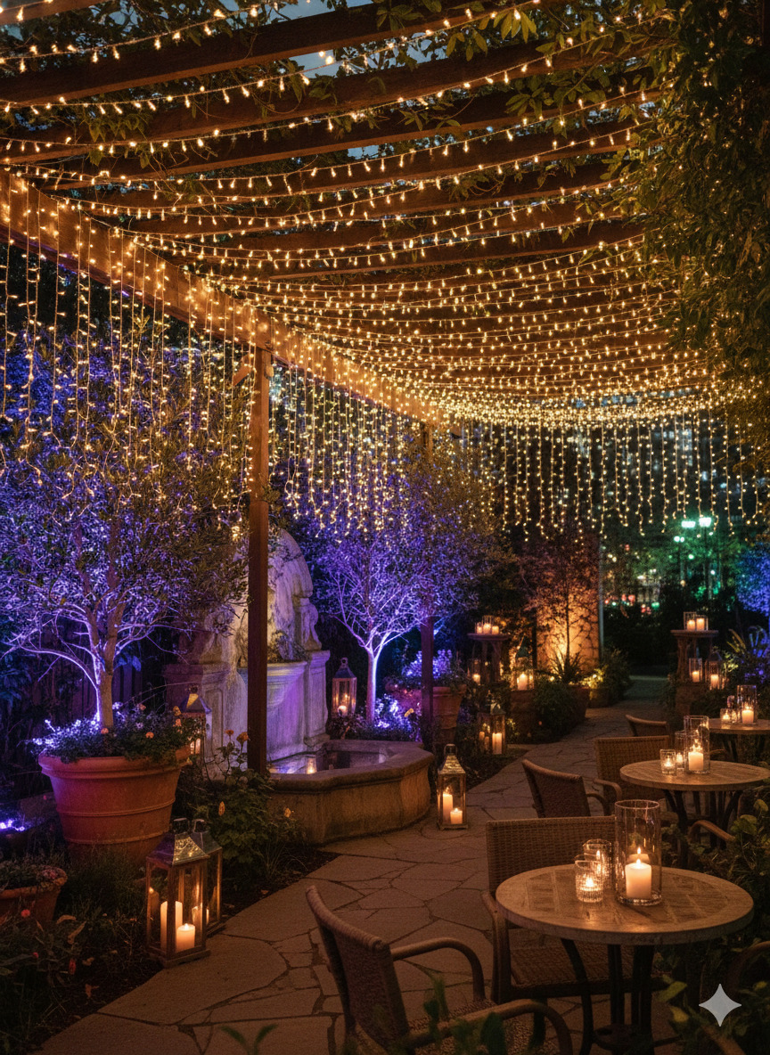 Ambient lighting setup with fairy lights and LED uplights