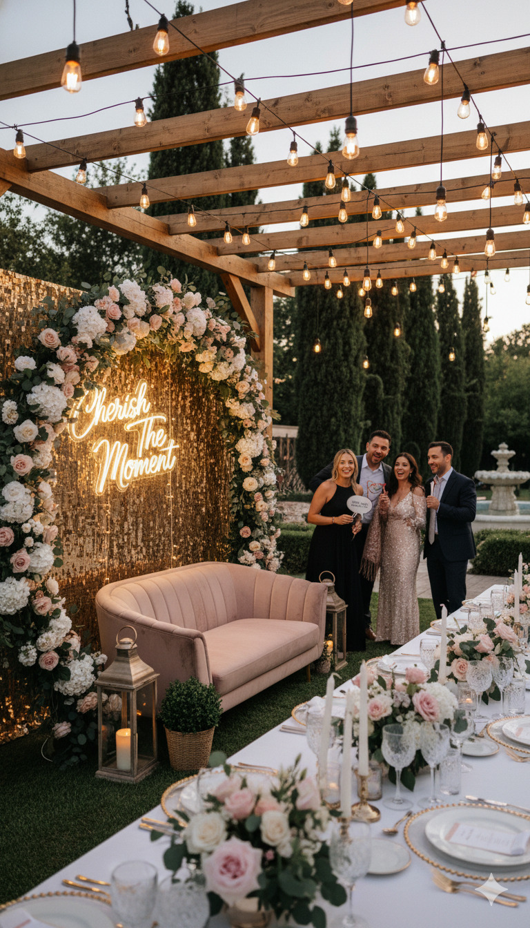 Beautiful event decoration setup with photo zone