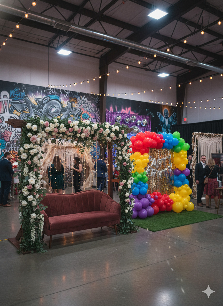 Various photo zone setups including wedding arches and themed backdrops